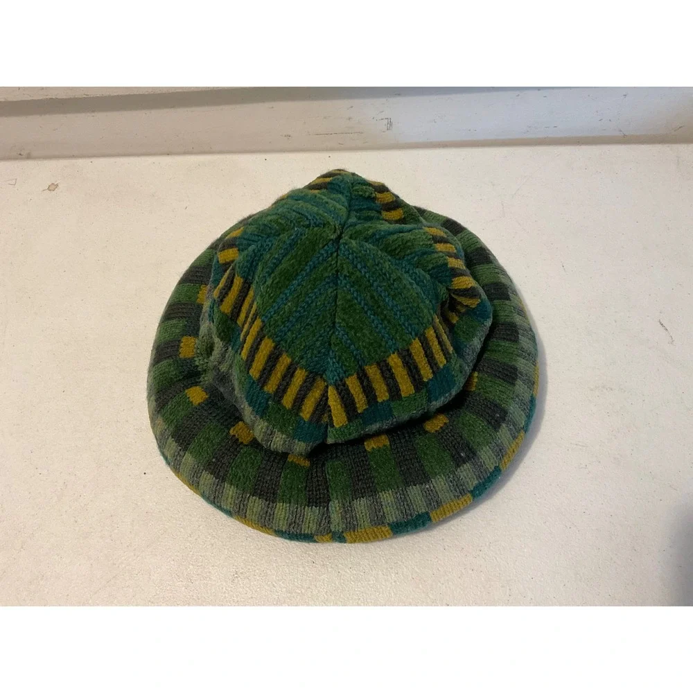 Maggie White Hand Knit Wool Hat Green Yellow Checkered Padded Roll Brim Artisan